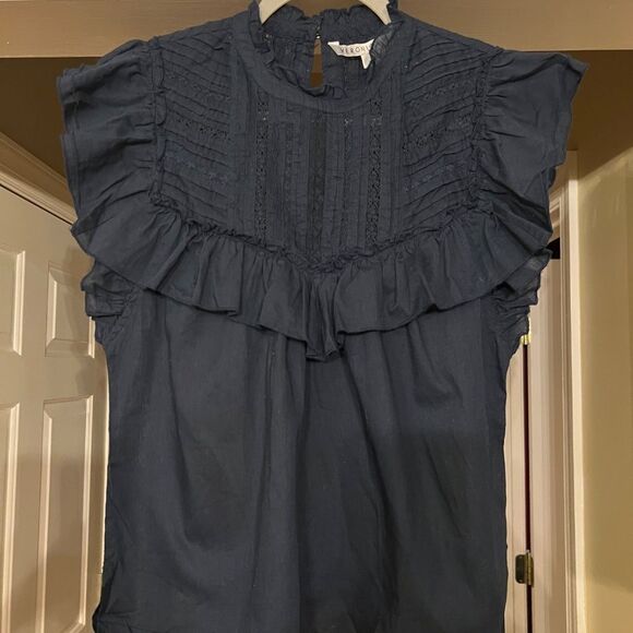 EUC Veronica Beard Tamsyn High Neck Ruffled Crochet Lace Top Blouse Black Size 4 - Picture 7 of 7